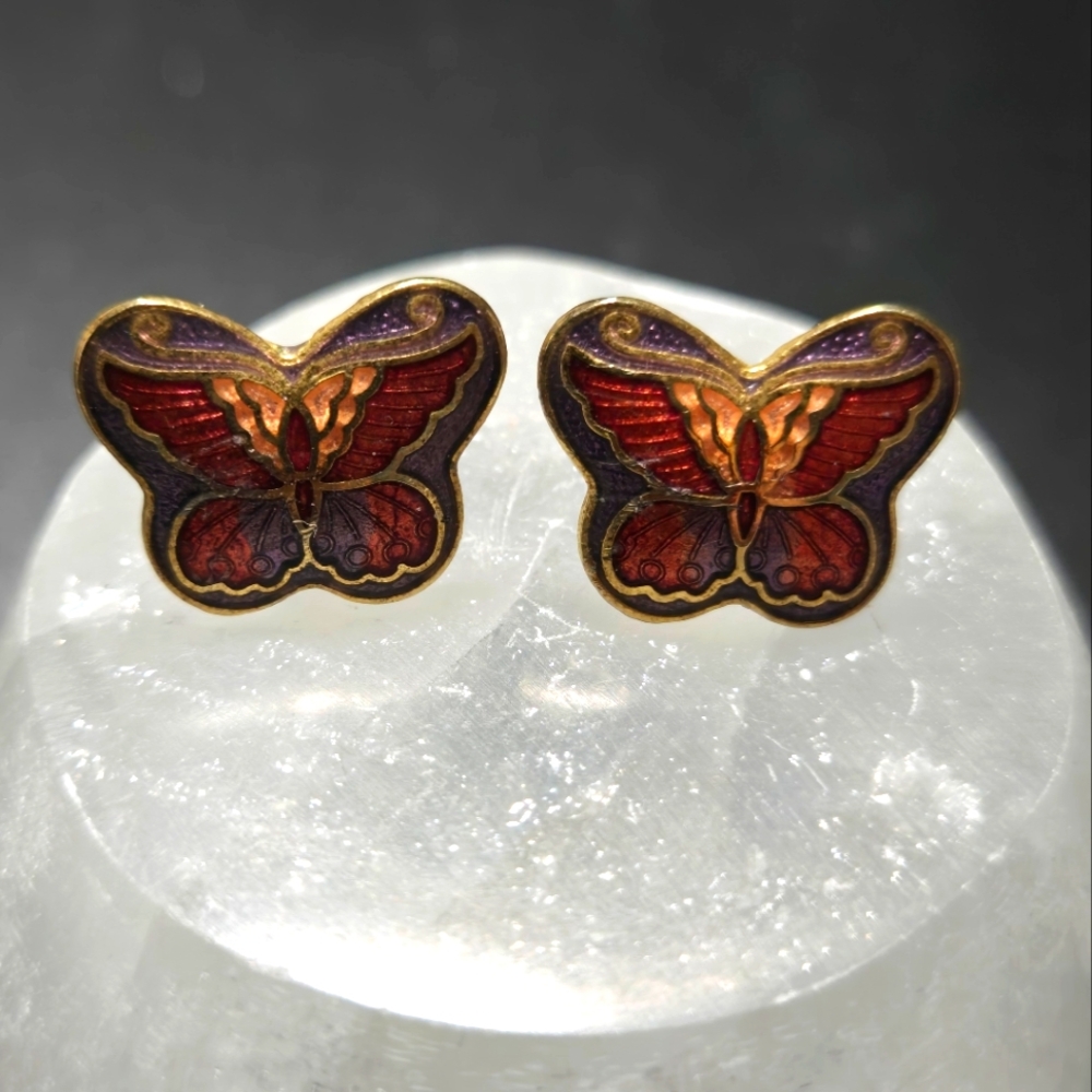 Butterfly Cloisonne Enamel Post Back Earrings Vintage Goldtone